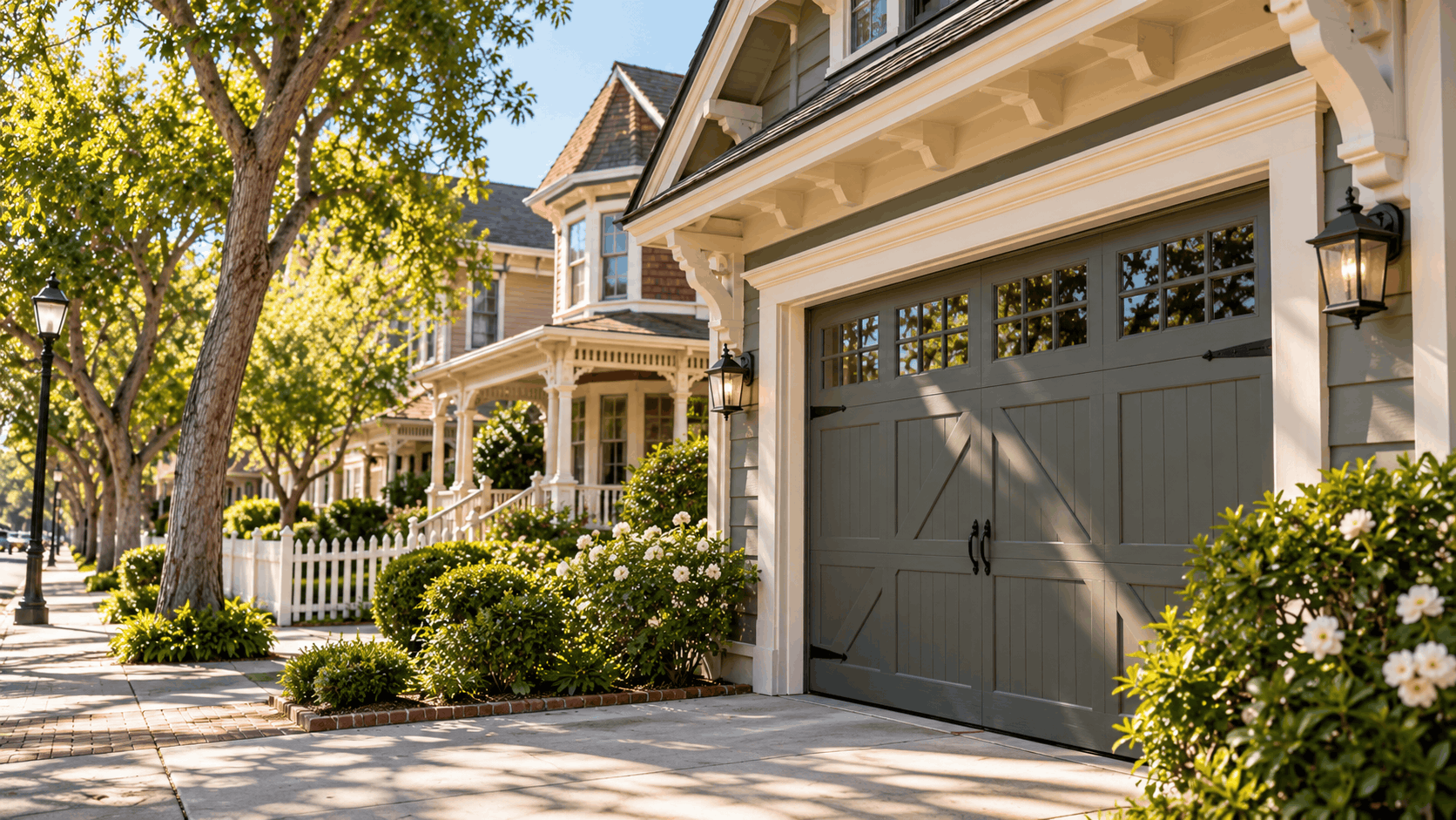 Craftsman-style garage door with glass panels on charming suburban neighborhood street