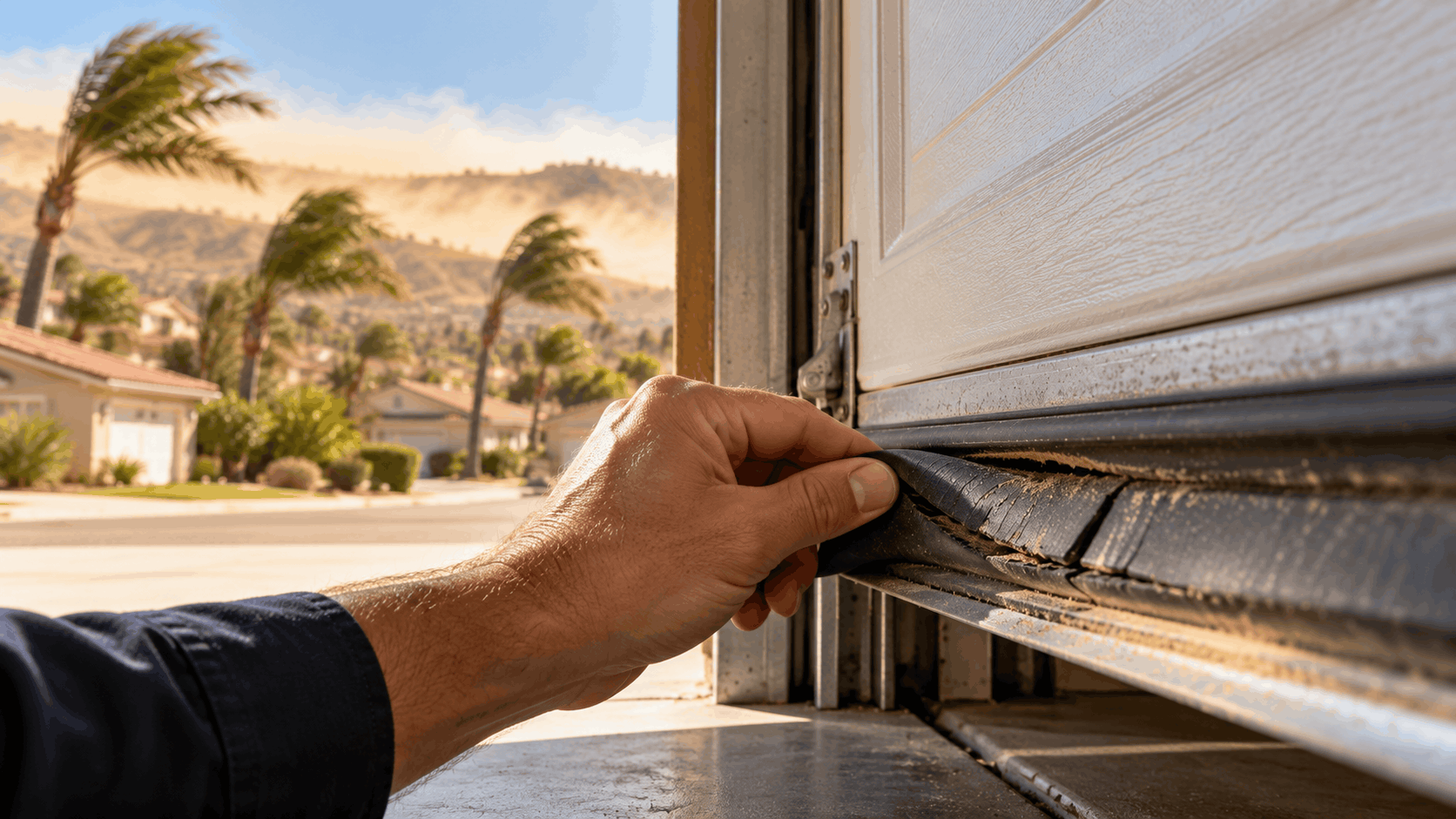 Hand inspecting damaged garage door bottom seal during strong Santa Ana winds