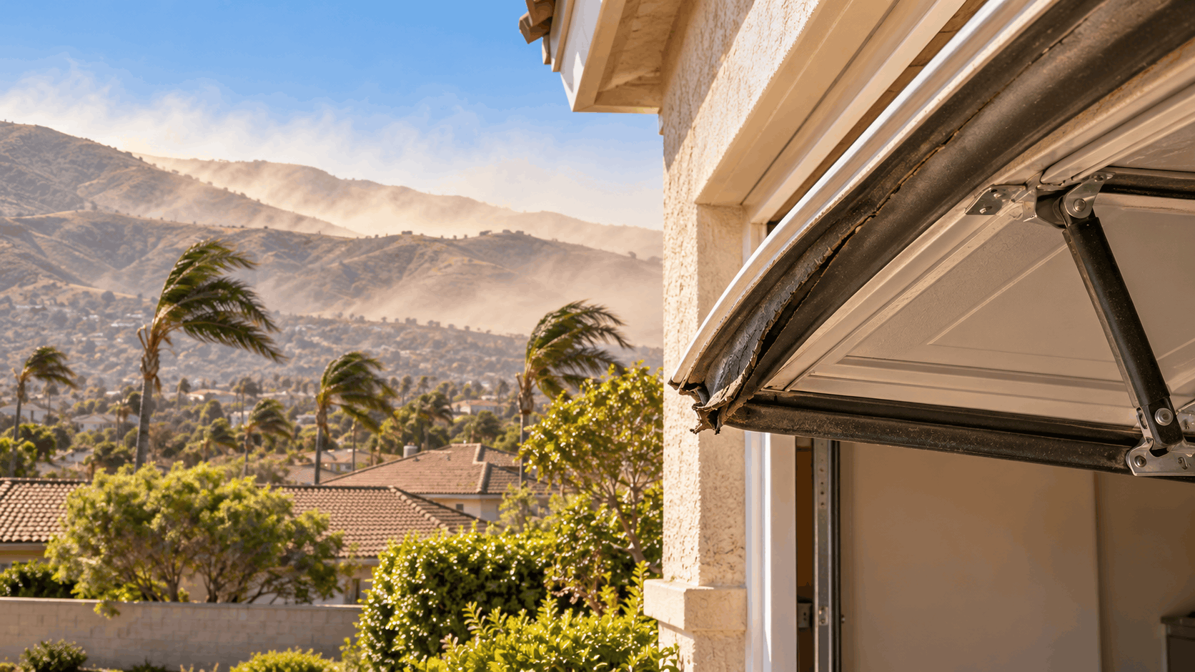 Damaged garage door struts and tracks during strong canyon winds in Irvine neighborhood