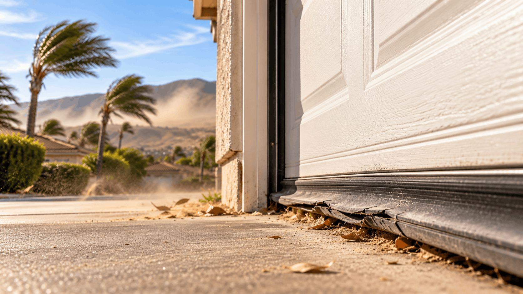 Damaged garage door bottom seal with debris during windy Southern California conditions