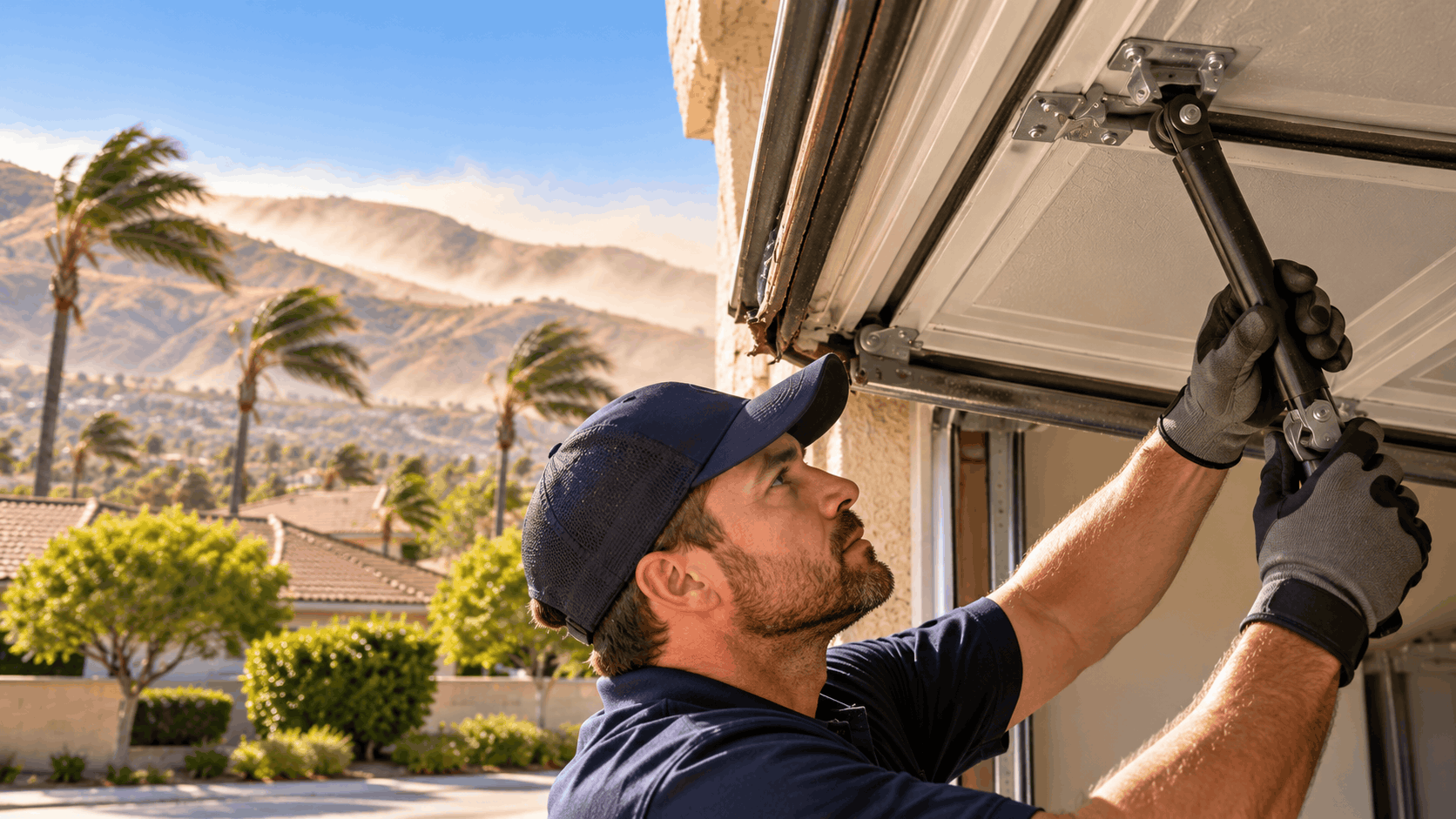 Garage door technician repairing tracks and hardware at Tustin Ranch home with Santa Ana winds
