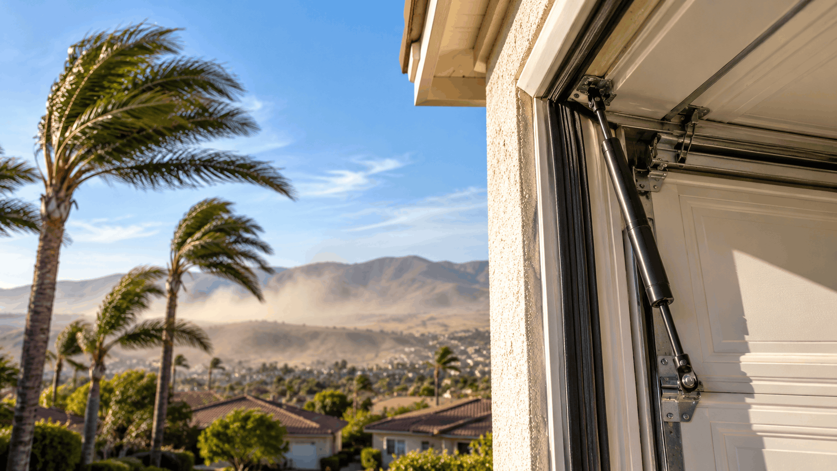 Wind-blown palm trees near open garage door with mountain dust storm background Irvine