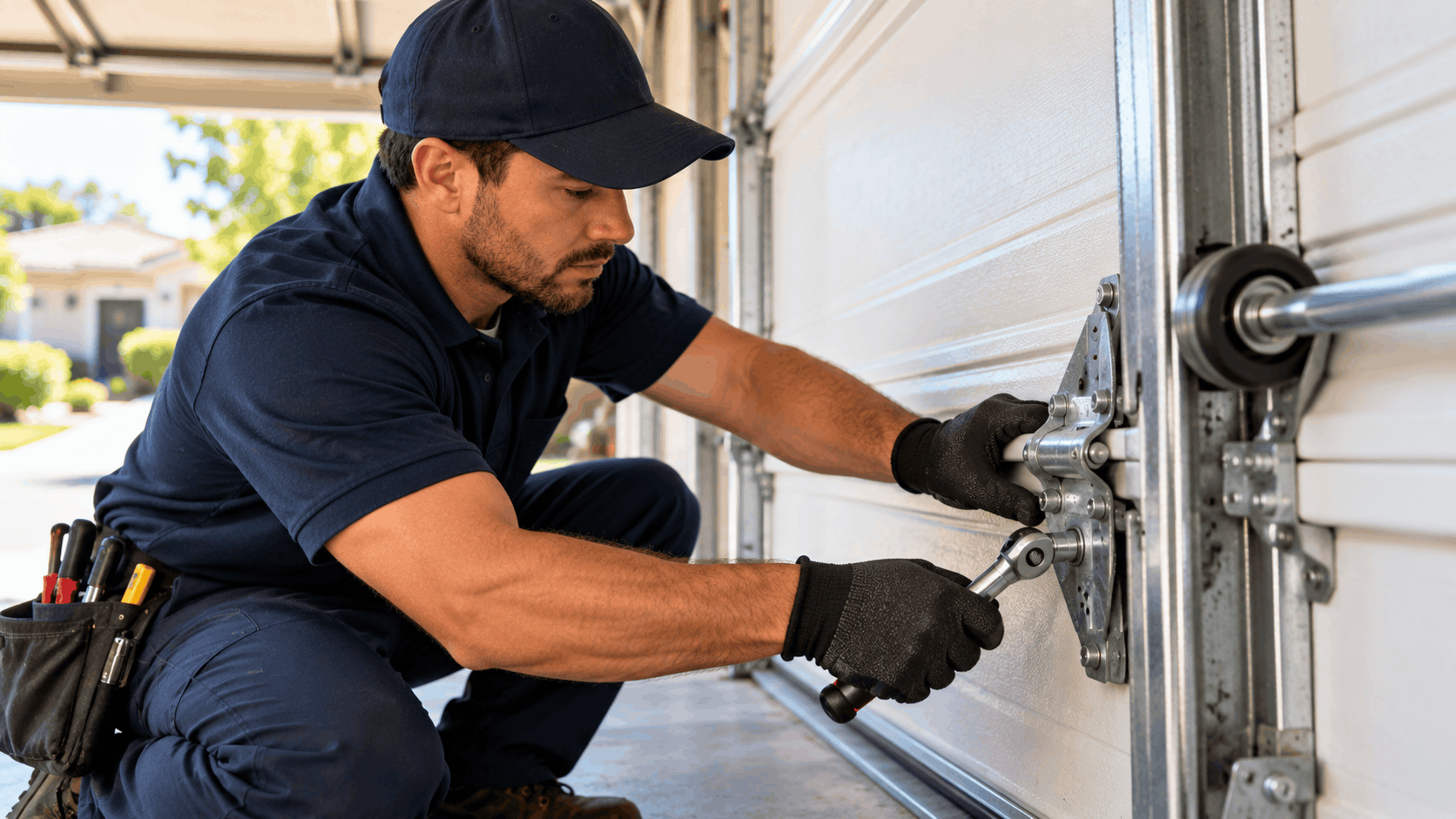 Technician repairing aging garage door rollers and hinges with ratchet wrench