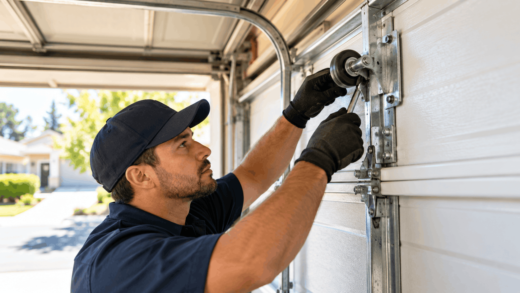 Garage door technician in navy uniform adjusting roller hardware on white sectional door