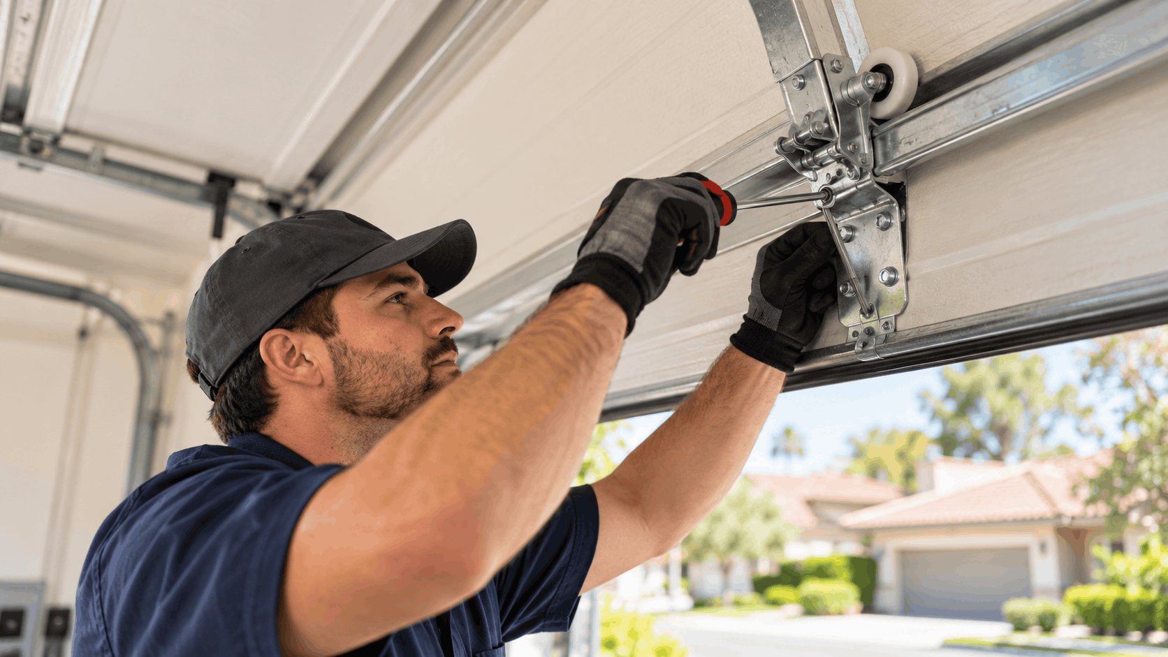Technician repairing garage door rollers and hinges in Tustin Ranch Irvine neighborhood