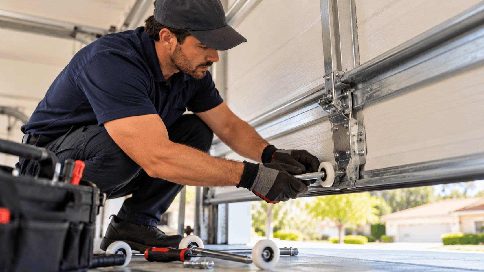 Garage door technician replacing rollers and hinges on residential garage door in Irvine