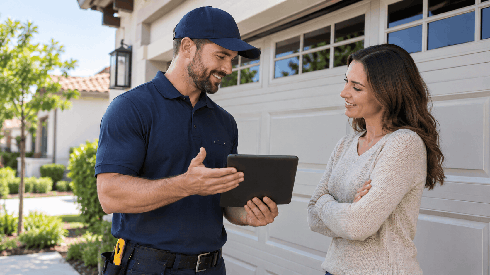 Garage door technician showing homeowner tablet near white garage door Irvine