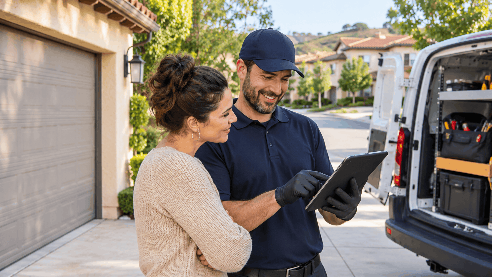 Garage door technician showing homeowner tablet during same-day service appointment in Irvine driveway