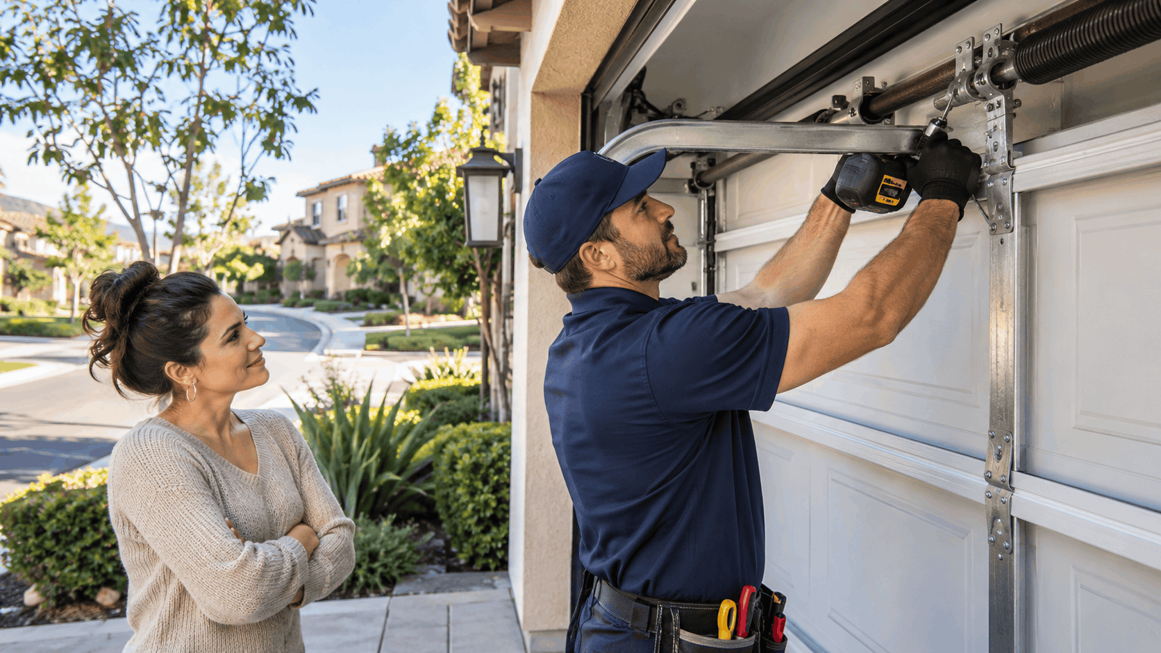 Garage door technician repairing spring mechanism while Portola Springs homeowner watches attentively