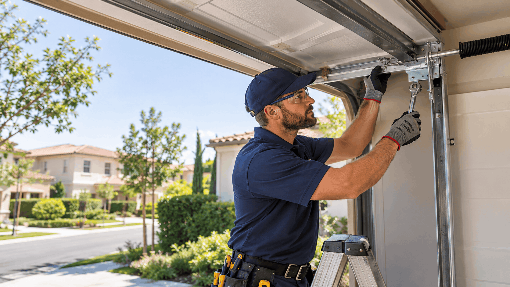 Garage door technician repairing track and hardware in Irvine residential neighborhood