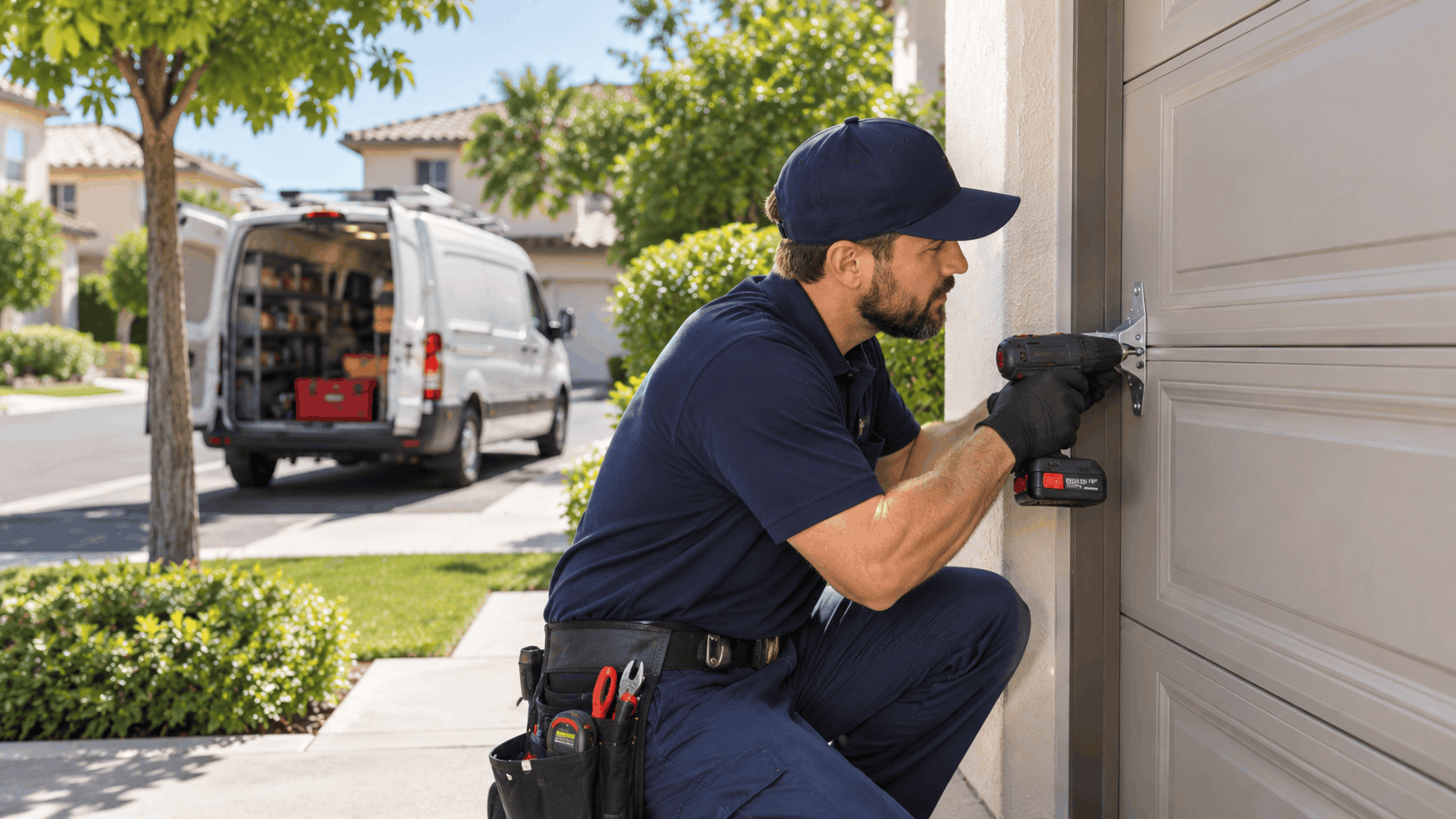 Garage door technician using power drill to install hardware on Irvine home