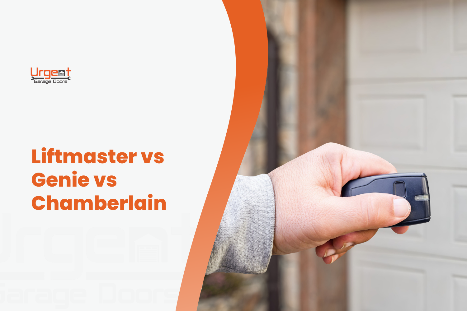 Hand holding garage door opener remote outside home, Liftmaster vs Genie vs Chamberlain comparison