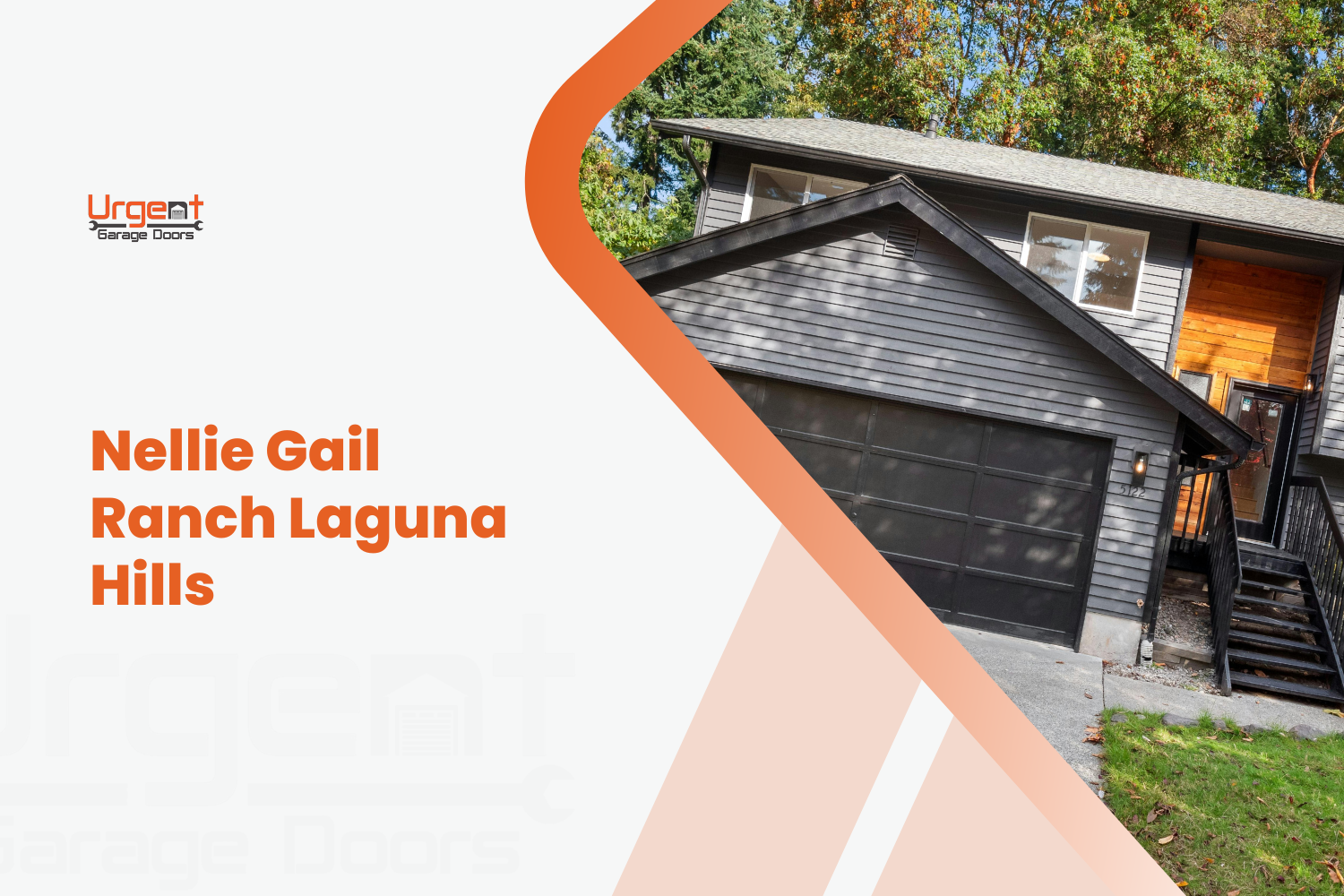 Urgent Garage Doors service banner featuring dark gray home with matching garage door