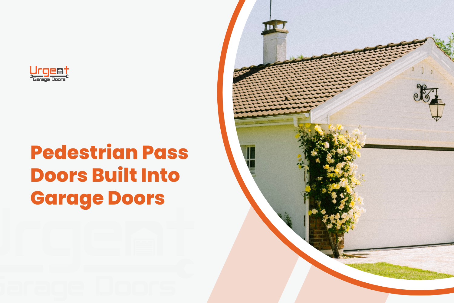 White residential garage door with climbing yellow roses beside it