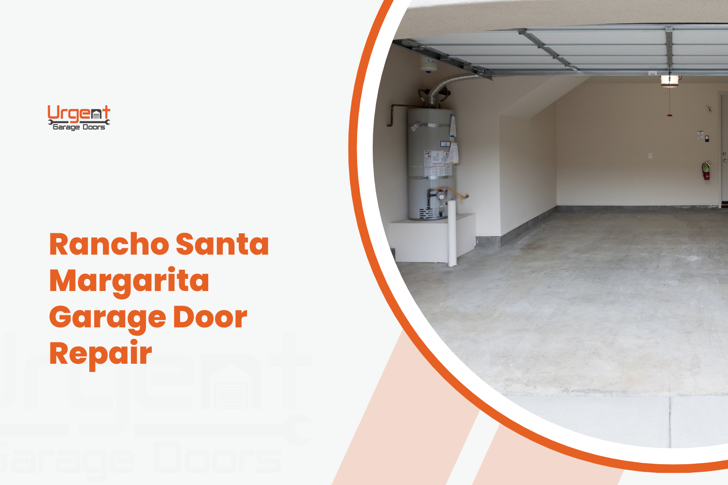 Clean empty garage interior with open door, tracks, and water heater visible