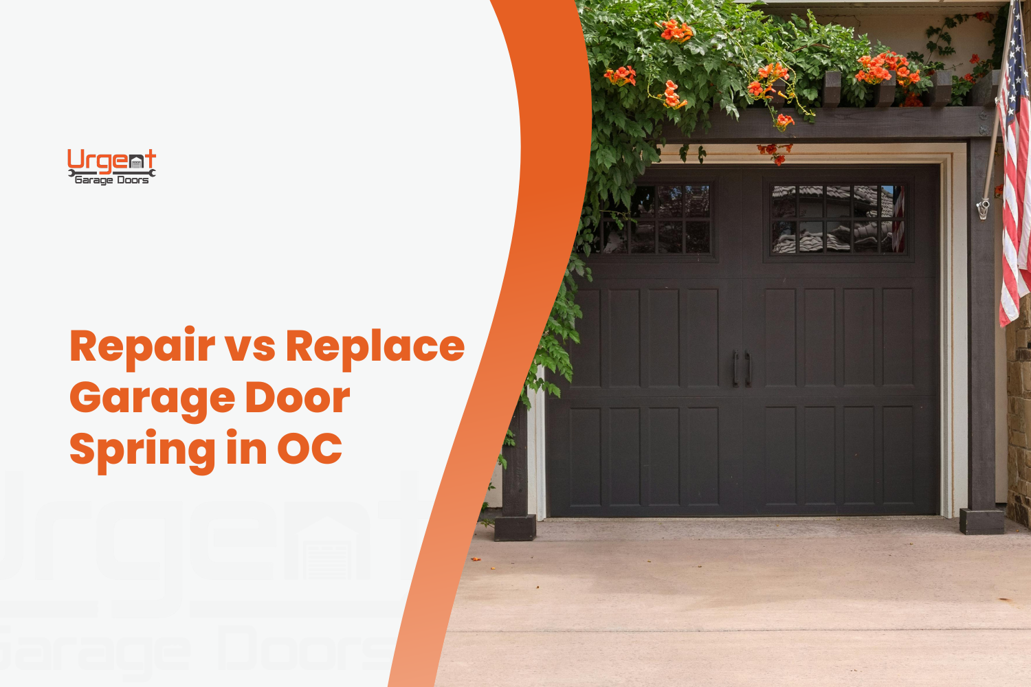 Dark brown garage door with windows surrounded by lush green vines and orange flowers