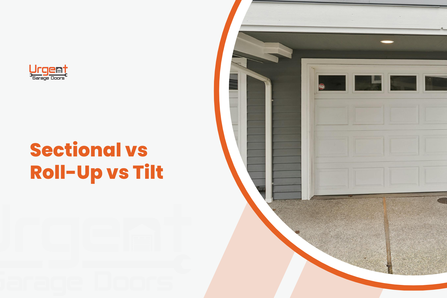 White sectional garage door with windows on gray house exterior in California