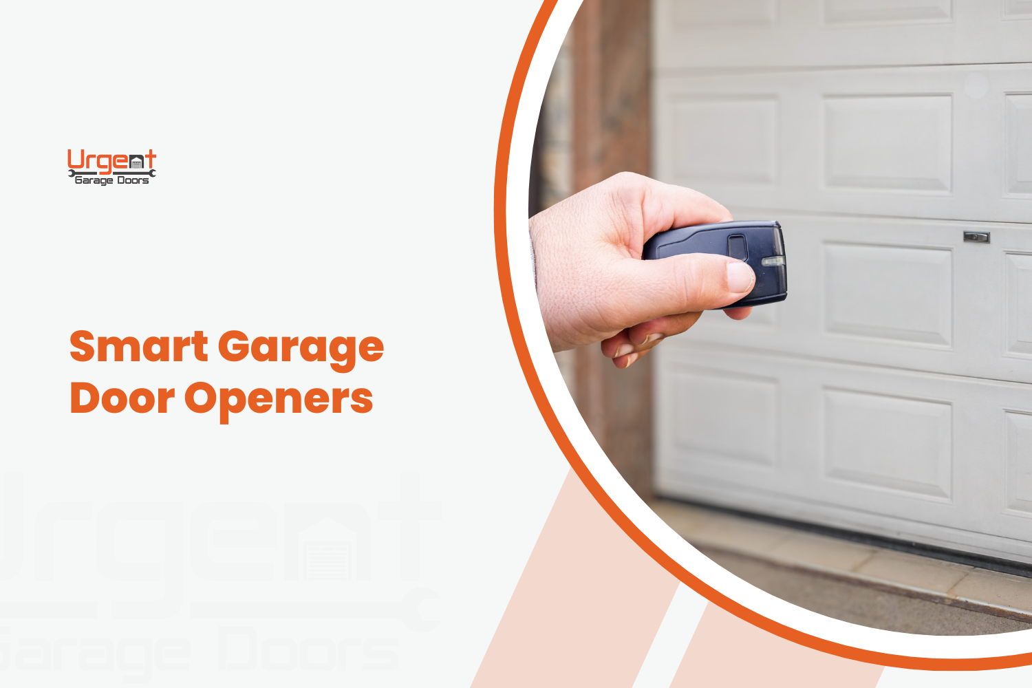 Hand holding garage door remote opener in front of white sectional garage door
