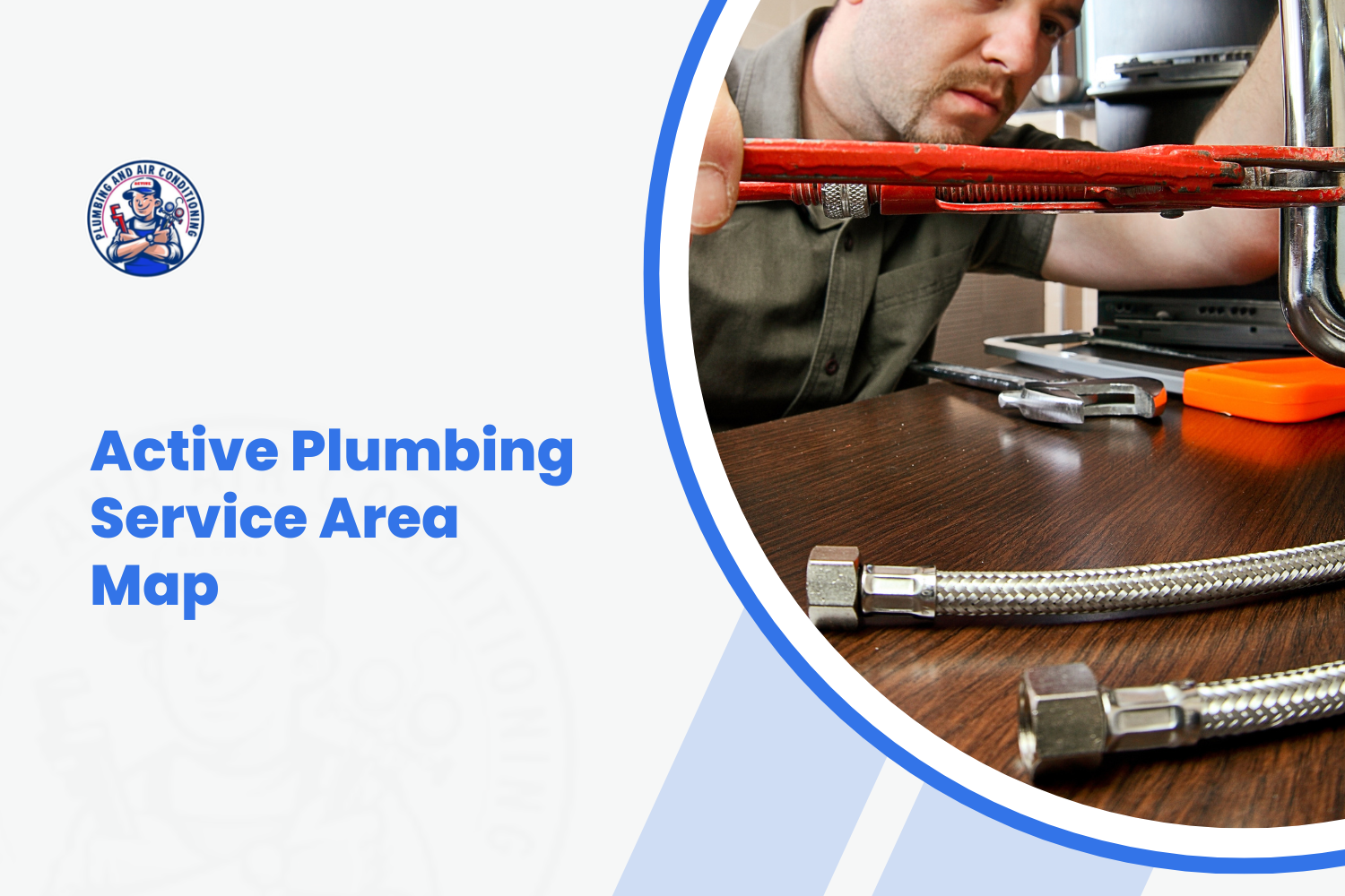 Plumber using red pipe wrench on chrome faucet with braided supply lines nearby