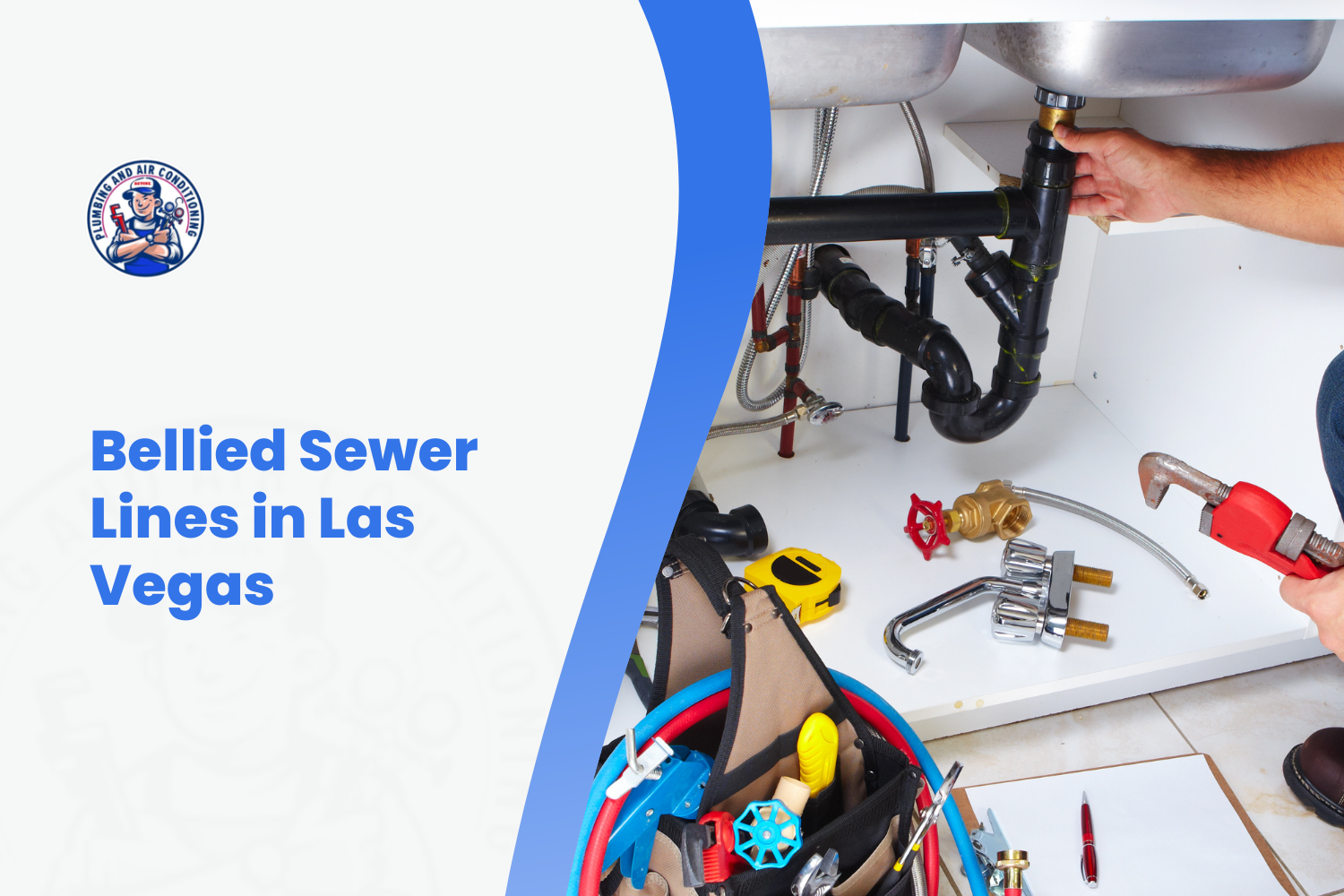 Plumber fixing bellied sewer drain pipes under sink with tools in Las Vegas