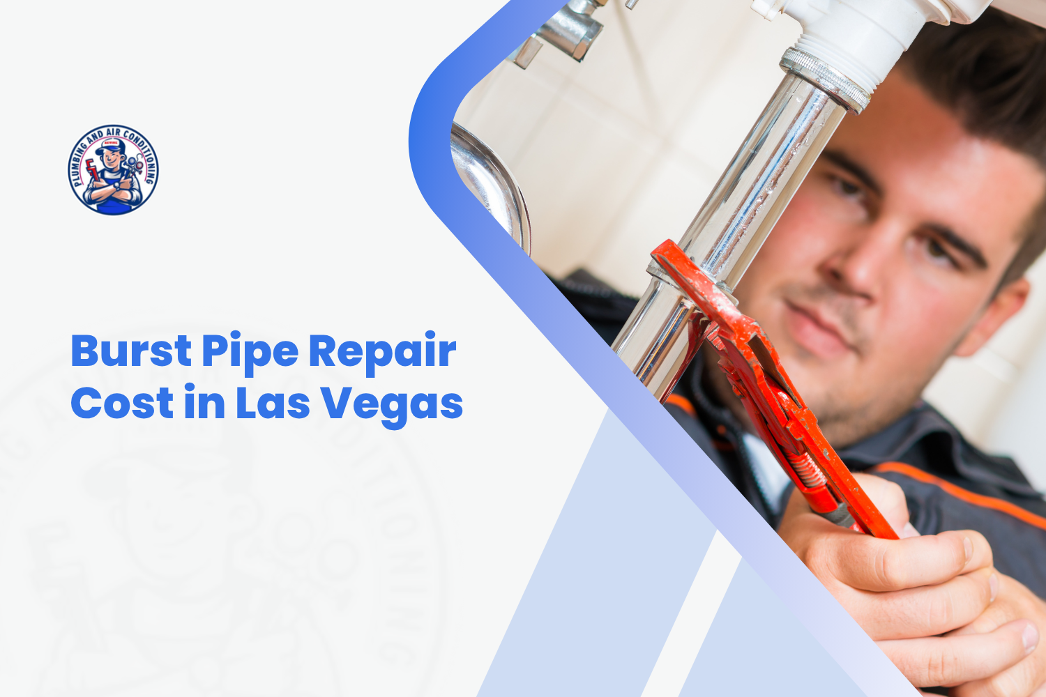 Plumber using red pipe wrench to repair burst pipe under sink in Las Vegas