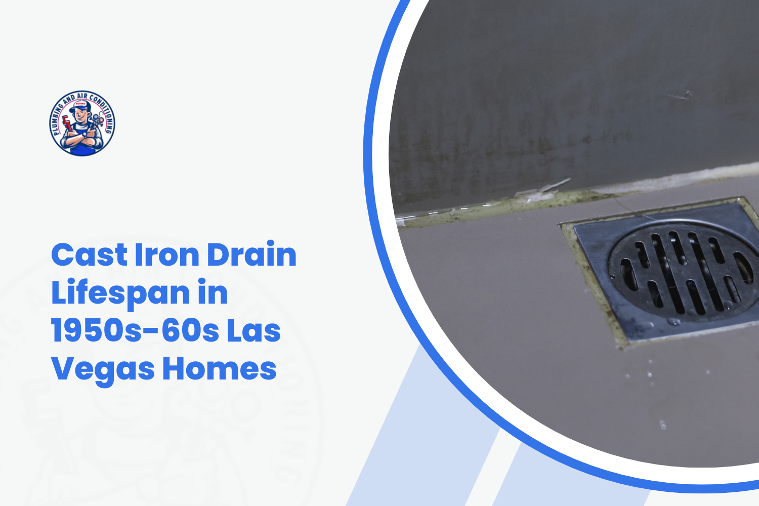 Cast iron floor drain in aging 1950s Las Vegas home showing wear and moisture