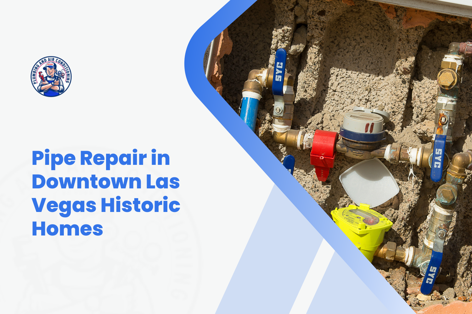 Exposed galvanized pipe fittings and water meters embedded in crumbling concrete wall