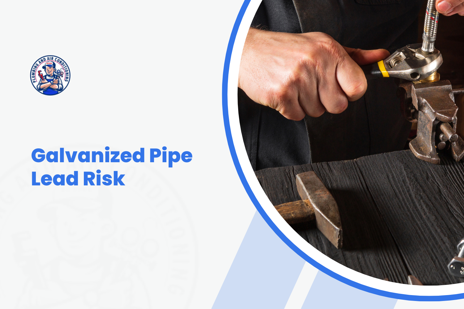 Plumber using wrench on galvanized pipe fitting secured in a vise