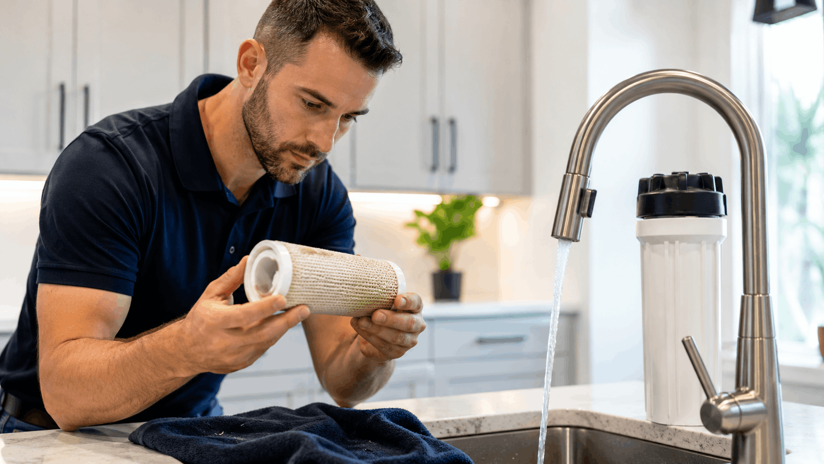 Plumber inspecting dirty sediment water filter cartridge beside kitchen sink faucet