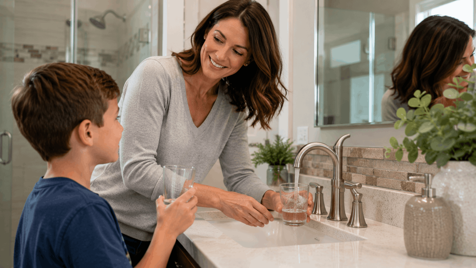 Mother and child filling glasses with tap water at bathroom sink faucet