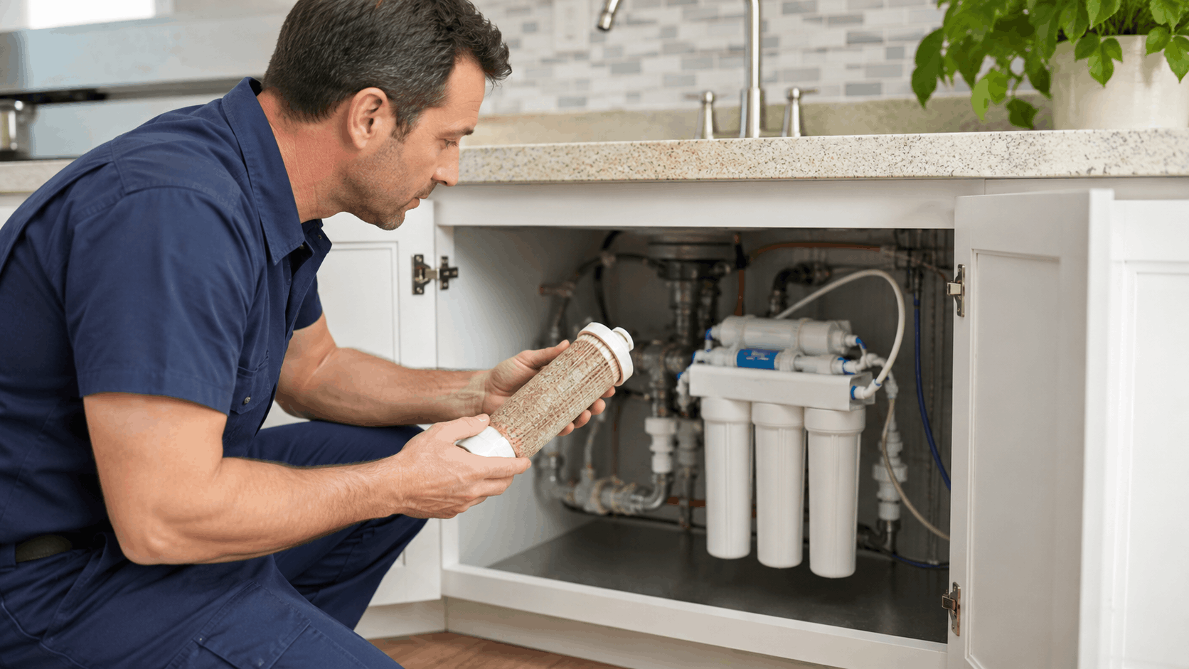 Plumber inspecting sediment-clogged water filter cartridge beside under-sink reverse osmosis filtration system
