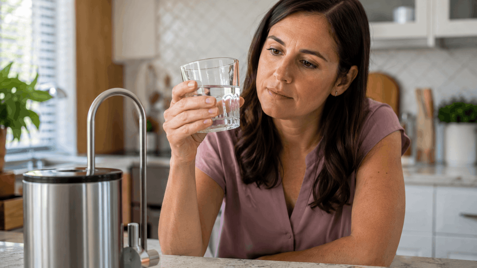 Woman examining glass of filtered water next to countertop water filtration system in kitchen