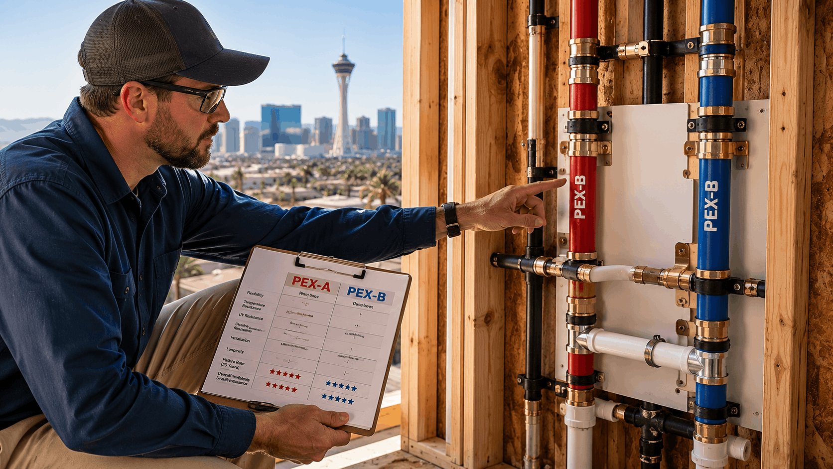 Las Vegas plumber comparing PEX-A and PEX-B pipes with clipboard checklist