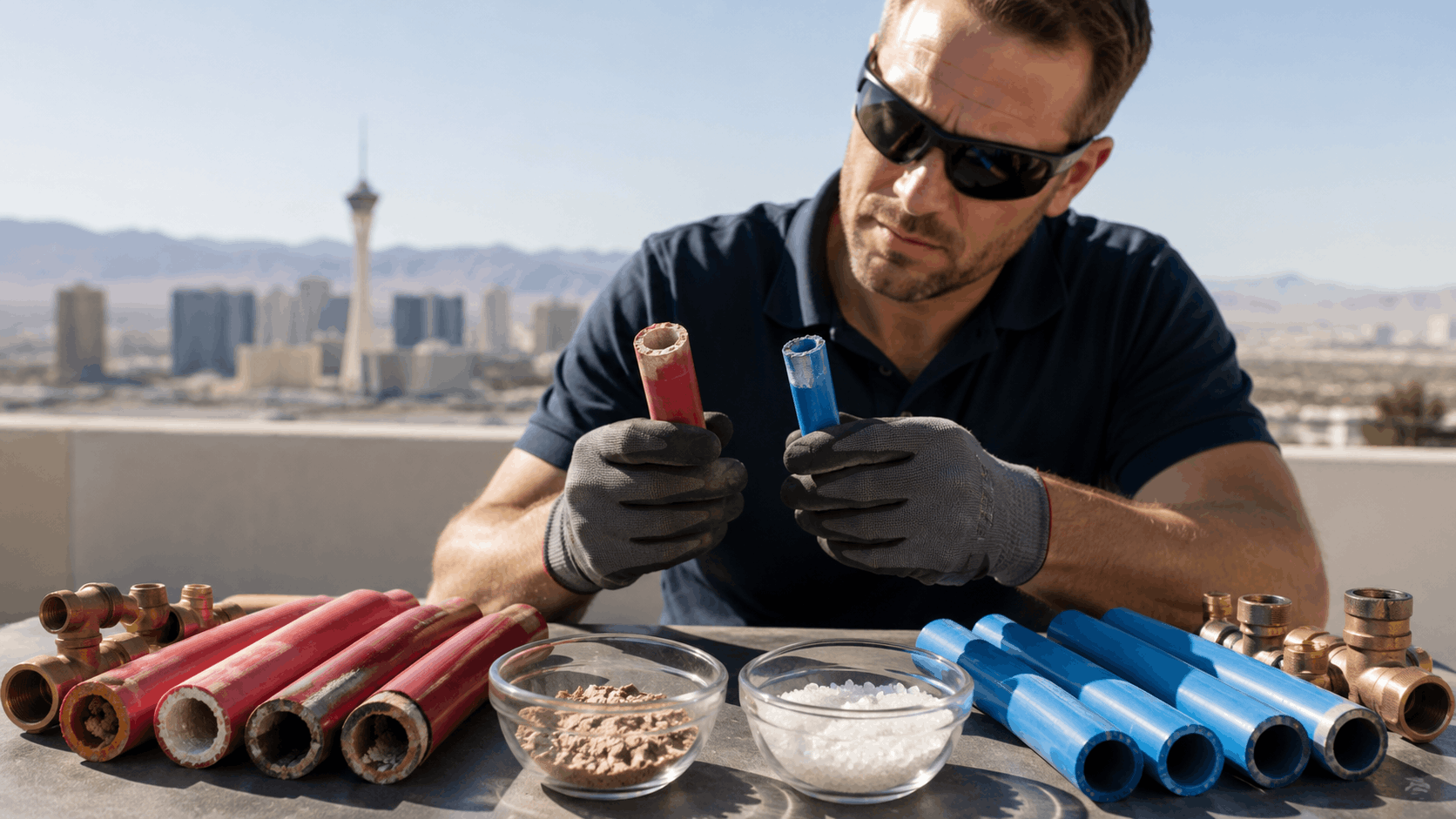 Las Vegas plumber comparing corroded red PEX pipe to new blue PEX pipe sections