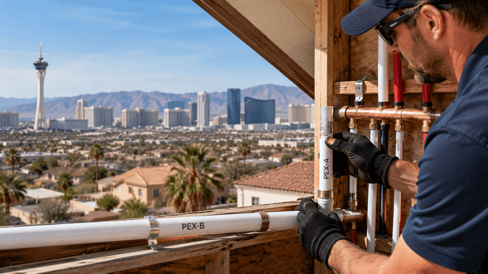 Las Vegas plumber inspecting PEX-A and PEX-B pipes on residential construction site