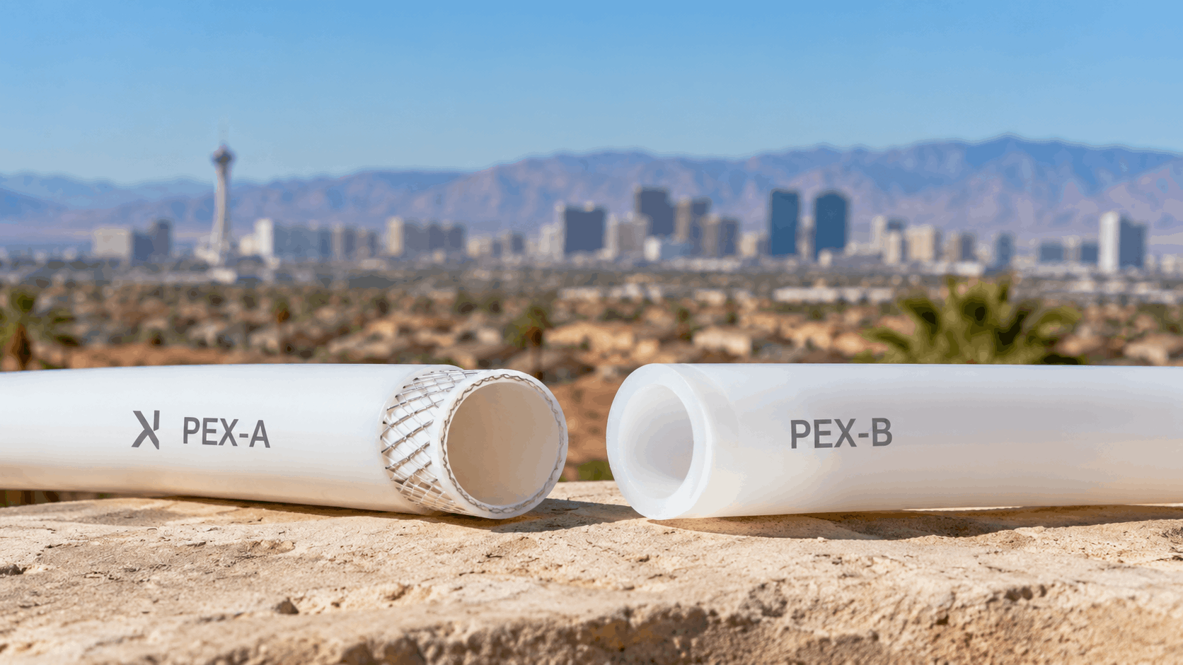 PEX-A and PEX-B pipes side by side with Las Vegas skyline background