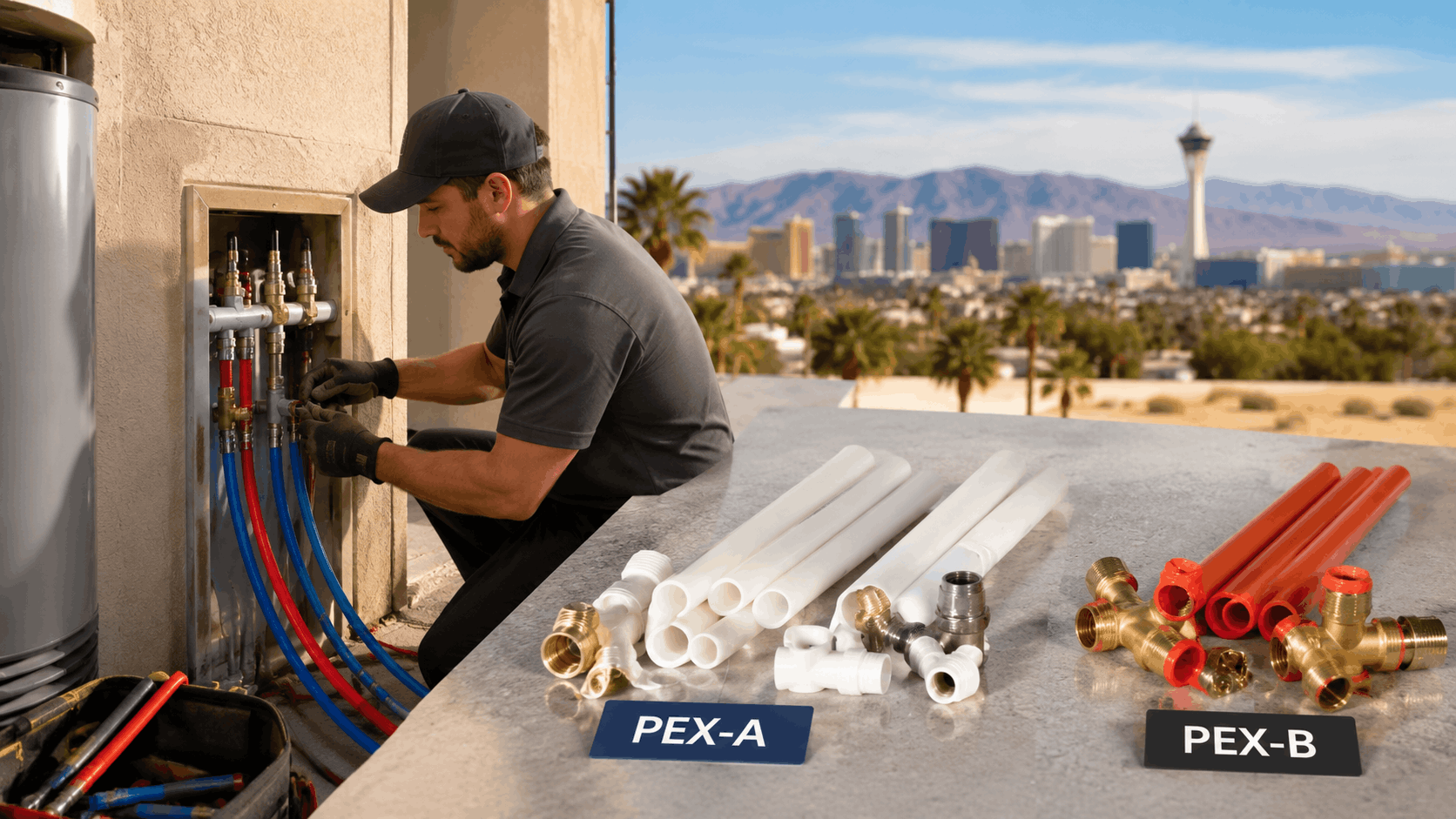 Las Vegas plumber installing PEX-A and PEX-B pipes on residential exterior wall