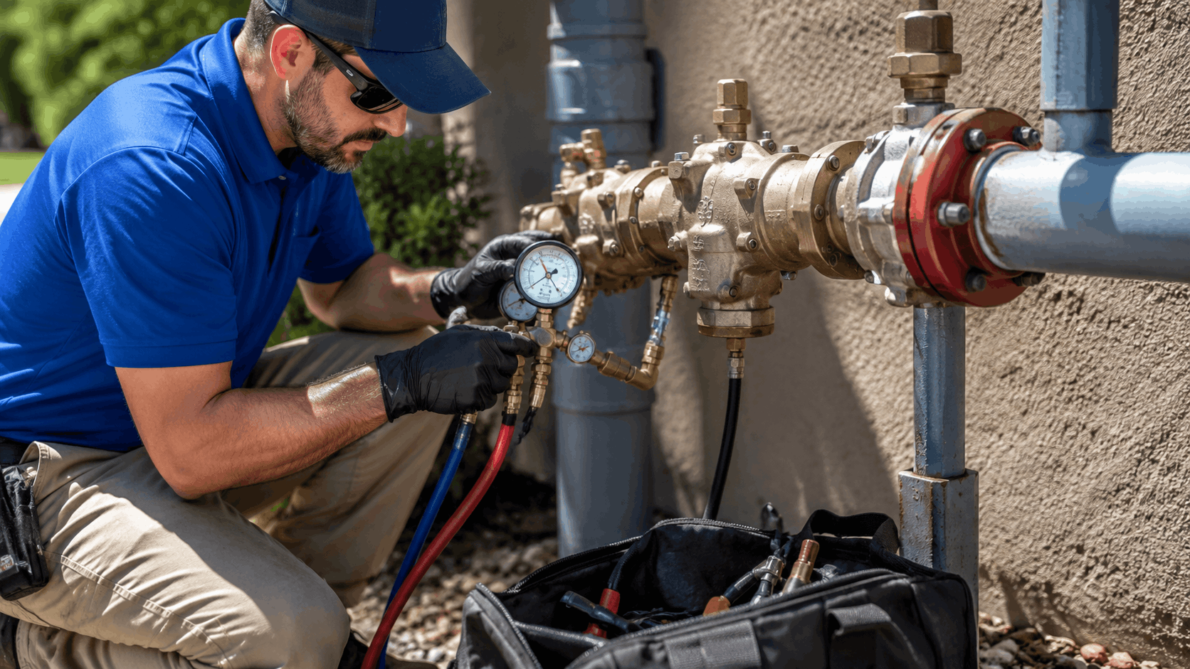Licensed plumber testing backflow prevention device with pressure gauges in Las Vegas