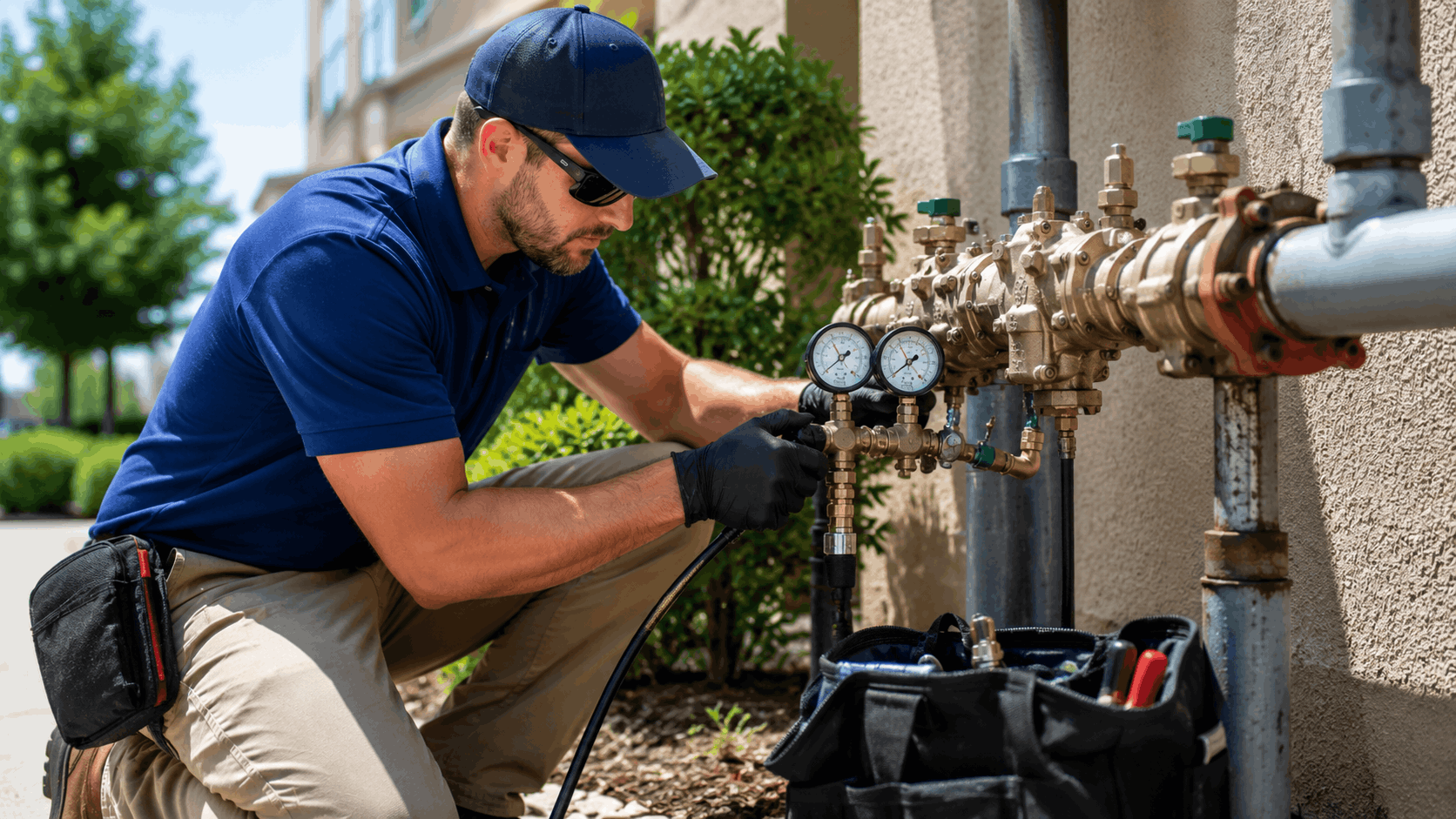 Plumber testing backflow preventer valves with pressure gauges at Las Vegas commercial property