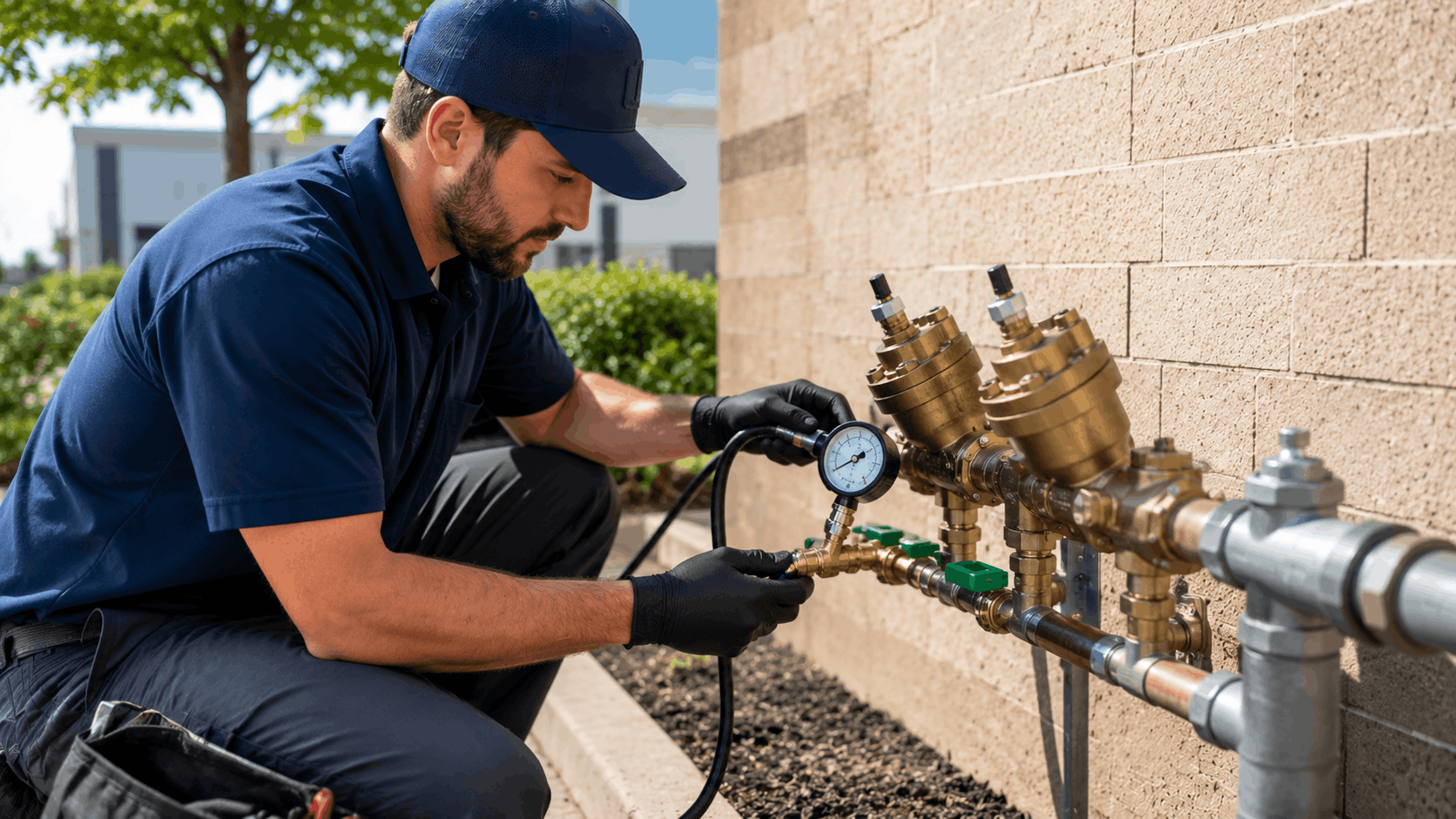 Plumber testing brass backflow prevention device with pressure gauge on commercial building exterior