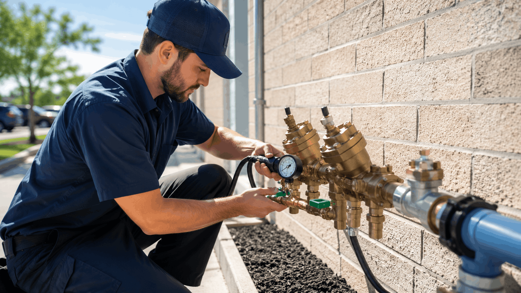 Certified plumber testing brass backflow preventer assembly on commercial building exterior