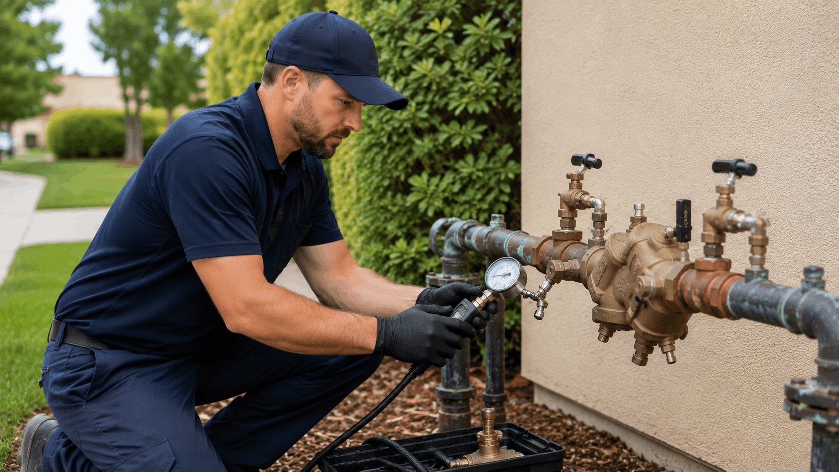 Licensed Las Vegas plumber testing backflow preventer with pressure gauge outdoors