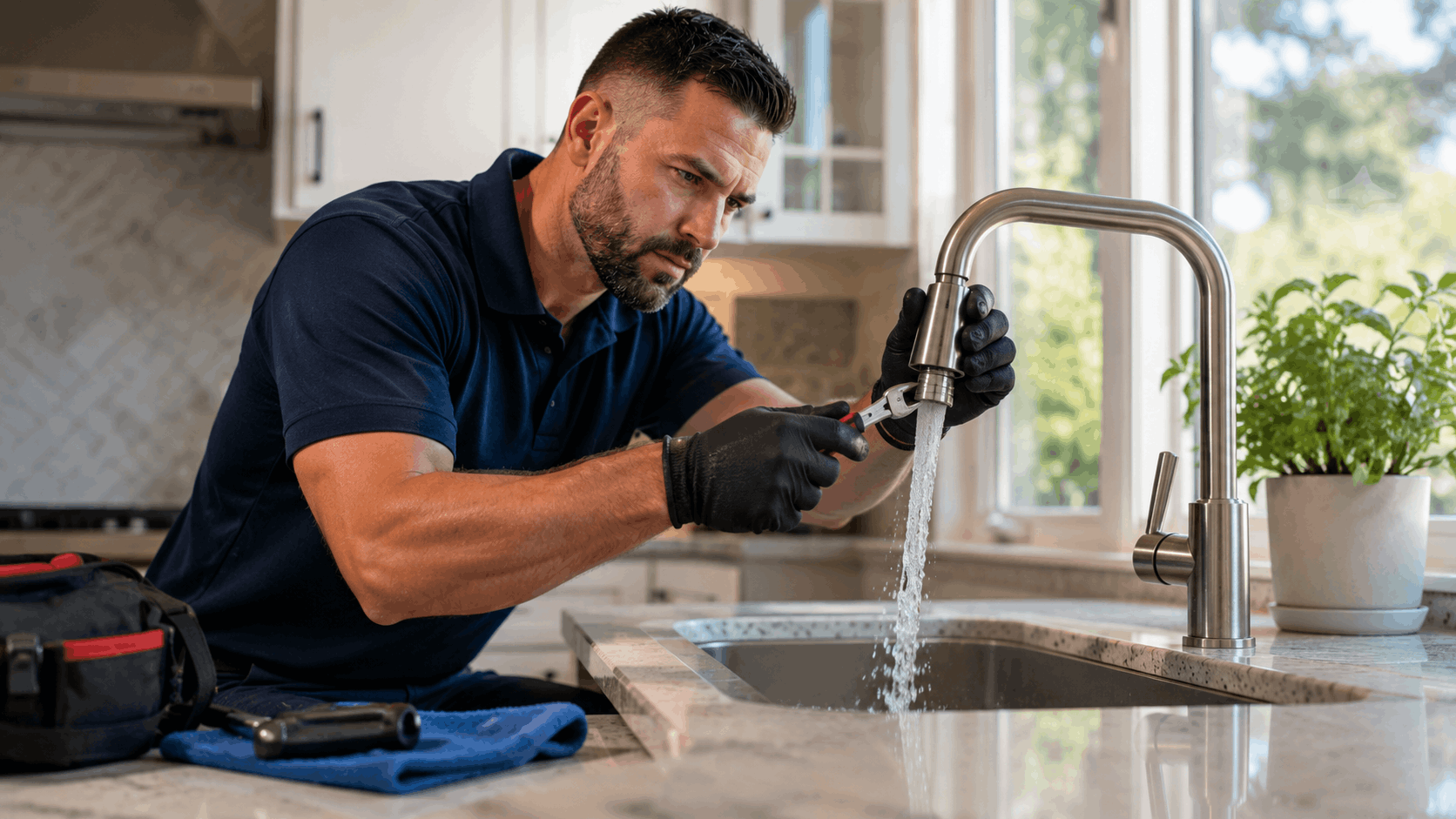 Plumber repairing leaking kitchen faucet with wrench and black gloves