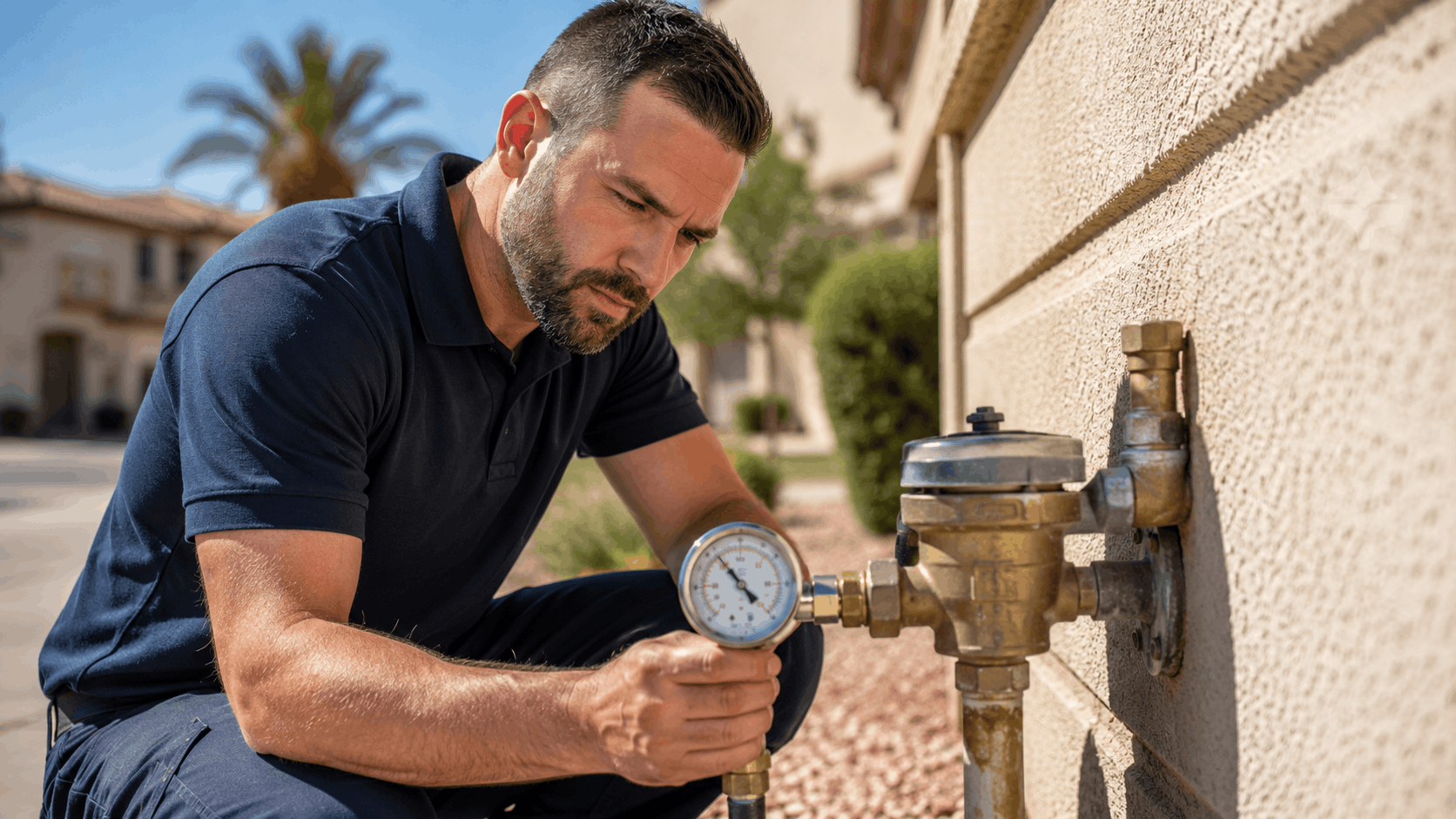 Plumber testing water pressure on PRV valve mounted on Las Vegas home exterior