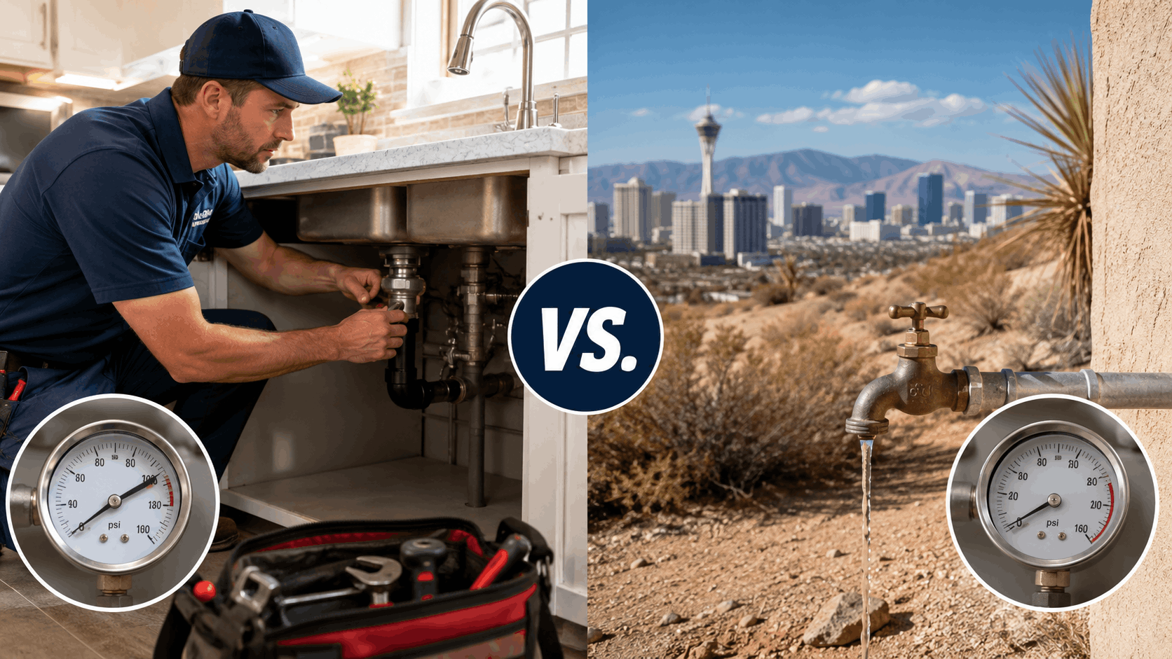 Las Vegas plumber working under kitchen sink versus outdoor faucet with low water pressure gauges
