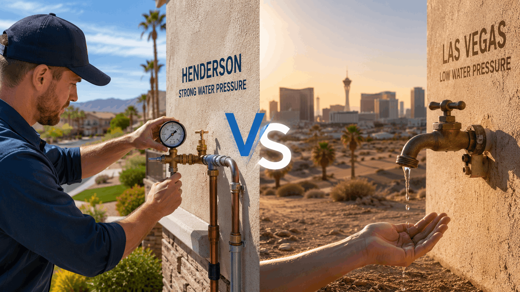 Plumber checking water pressure gauge in Henderson vs low pressure Las Vegas faucet