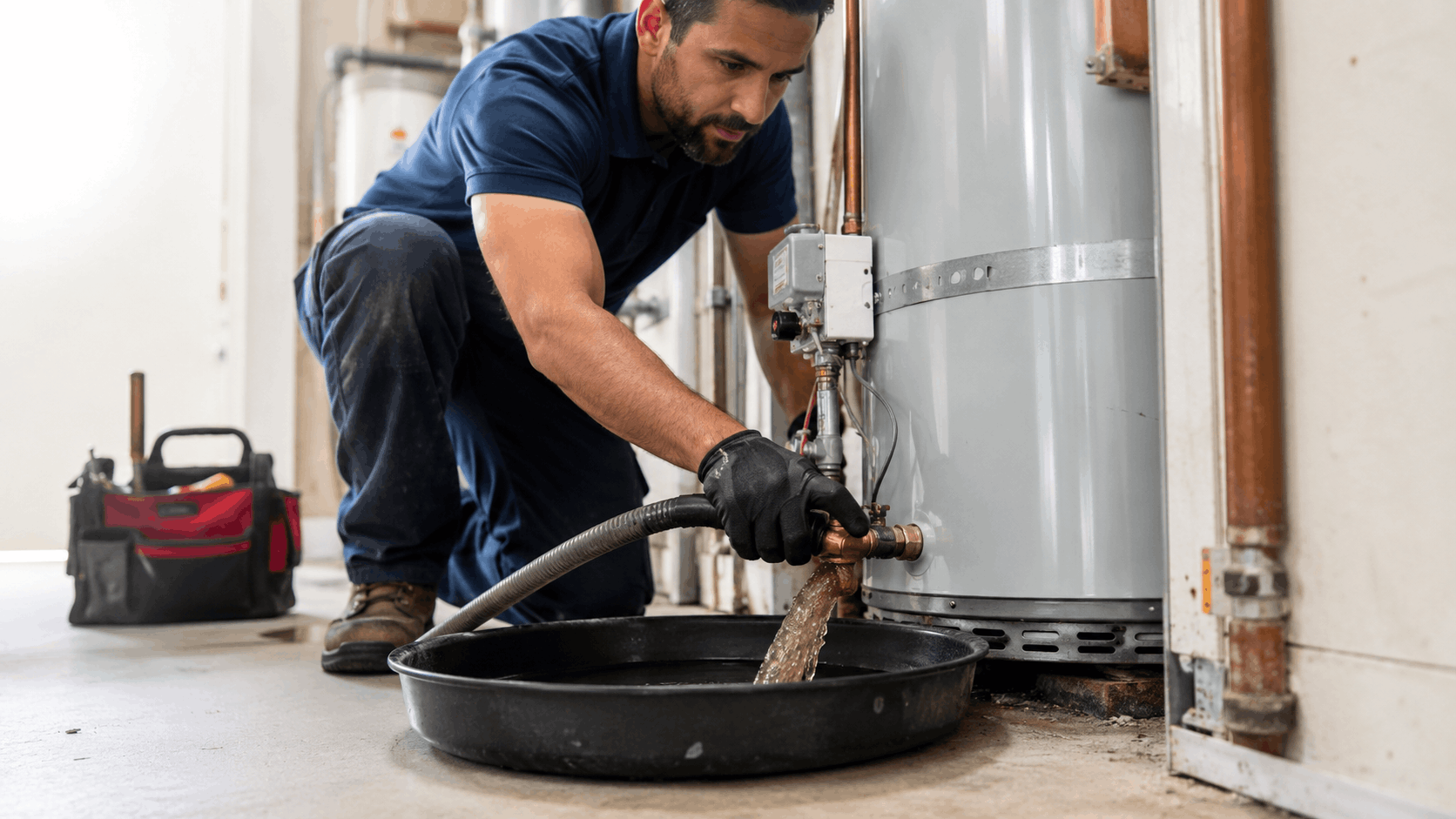 Plumber draining sediment buildup from water heater into black catch pan
