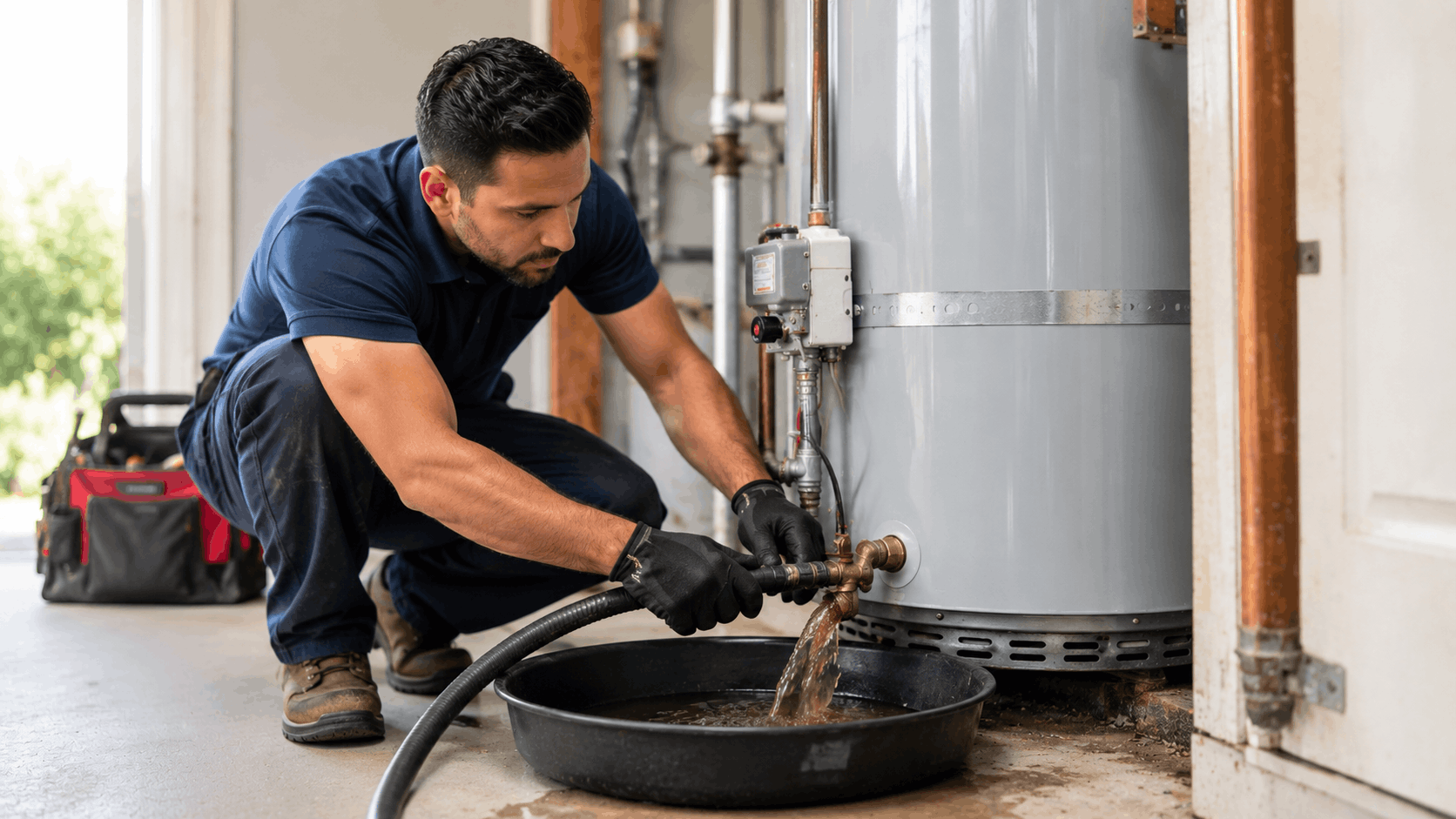 Plumber draining sediment from water heater into black basin during professional flush