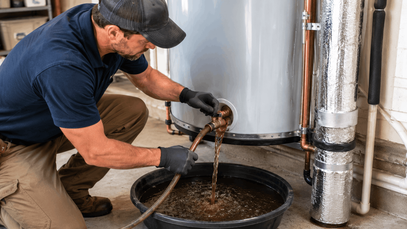 Plumber draining rusty sediment from water heater tank into black bucket