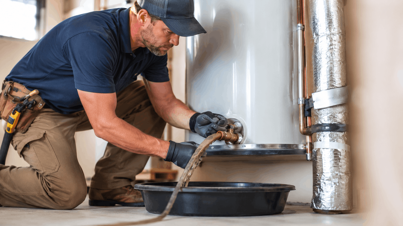 Plumber draining sediment from a water heater tank into a black drain pan